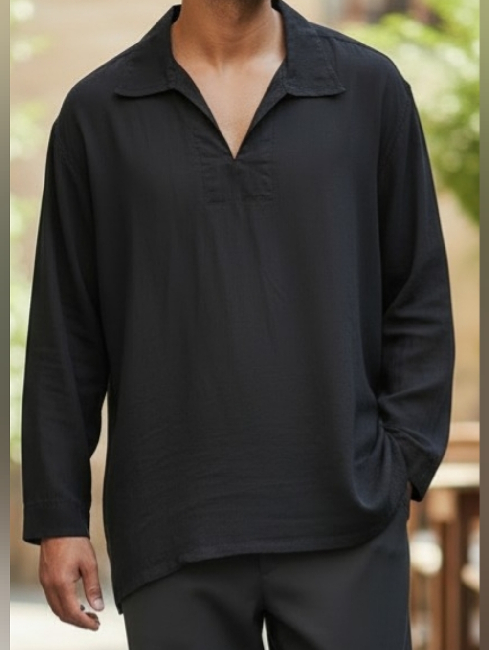 Men's Sheer Black Long-Sleeve Split-Neck Cotton Yoga Shirt - NEW